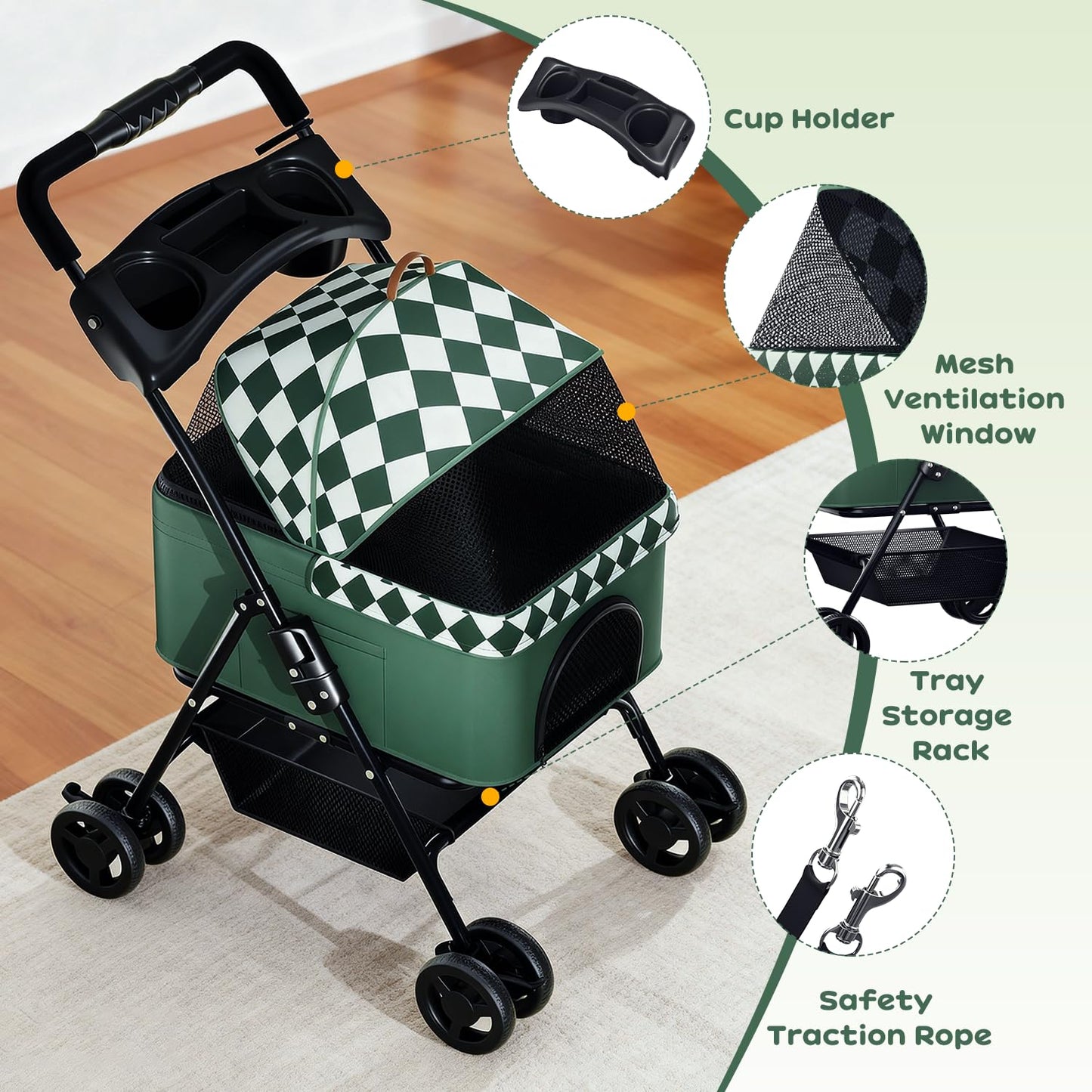 PUPIHOM Foldable pet Stroller for Cats with Detachable Weather Cover, 4 Wheels Pet Strolling Cart for Dogs and Cats with Storage Basket and Cup Holder（Green）