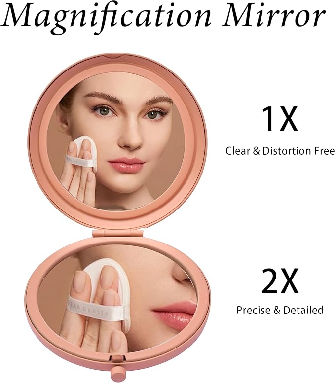 Compact Mirror for Purse, Metal Round Shell, Double-Sided 1X/2X Magnifying, Portable Travel Makeup Mirror, Mini Pocket Mirror, Coral, 1 Pack