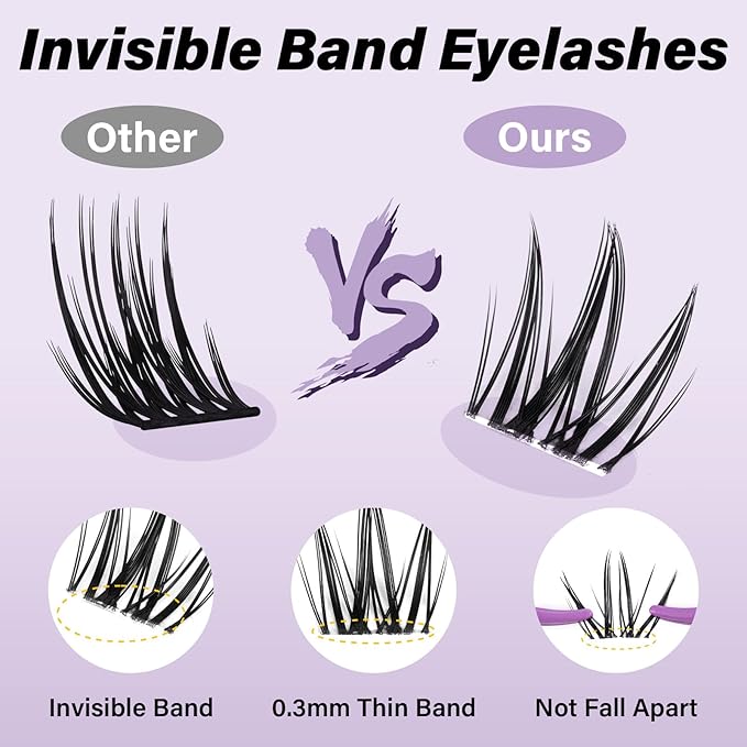 B&Q Bella Lash Clusters Kit Natural Lashes Clusters Wispy Invisible Band Manga Lashes Individual Lashes Bond and Seal Eyelash Extension Kit Easy Removal (Bella Kit)
