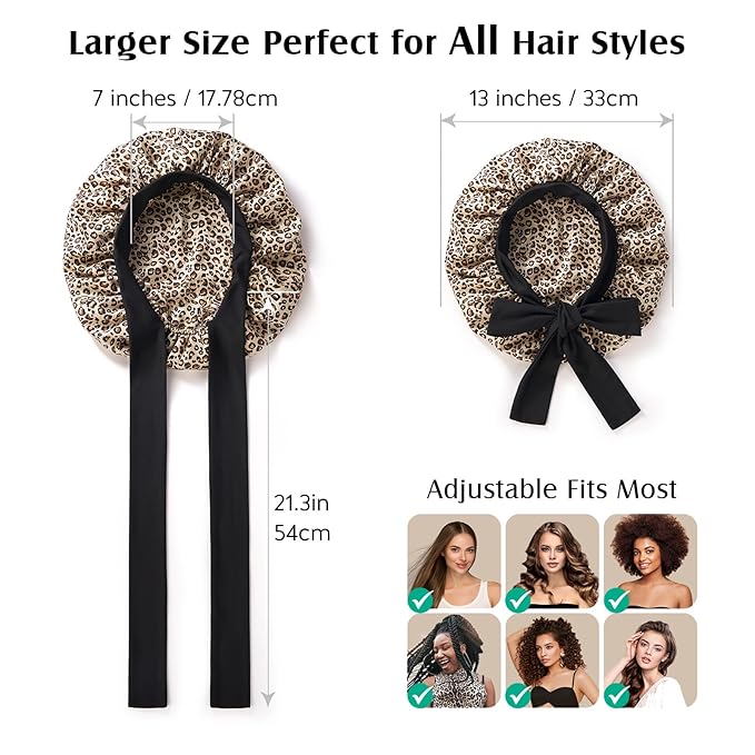 YFONG 100% 22 Momme Mulberry Silk Bonnet for Sleeping Women, Larger Double Layer Silk Hair Wrap for Curly Short Long Hair, Non-Slip Sleep Cap Turban with Elastic Tie Band (Leopard)