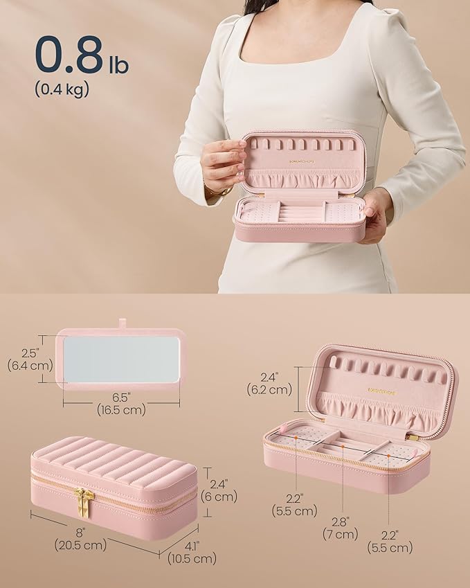 SONGMICS HOME Travel Jewelry Case, Travel Jewelry Box Organizer with Mirror, 4.1 x 8 x 2.4 Inches, Stitching, Portable, Gift Idea, Jelly Pink UJBC180S01