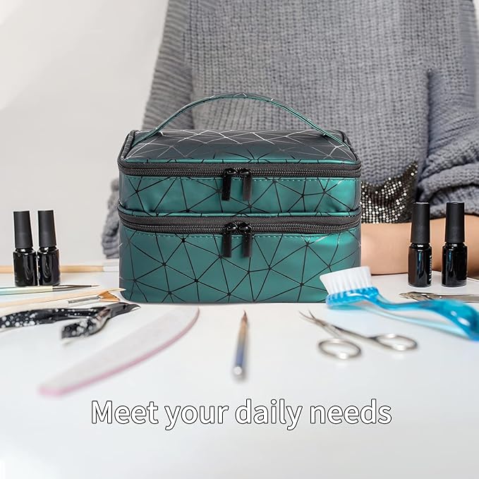 Double-Layers Nail Polish Organizers and Storage, Geometric PU Leather Carrying Case for Fingernail polish, Nail Varnish and Manicure Sets - Holds up to 30 Bottles（15ml）with Detachable Divider