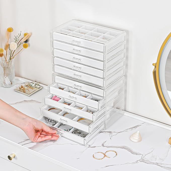 ProCase Earring Holder Organizer Jewelry Box with 10 Drawers, Acrylic Clear Earring Case with Adjustable Velvet Trays for Women - Warmwhite,10 Layers