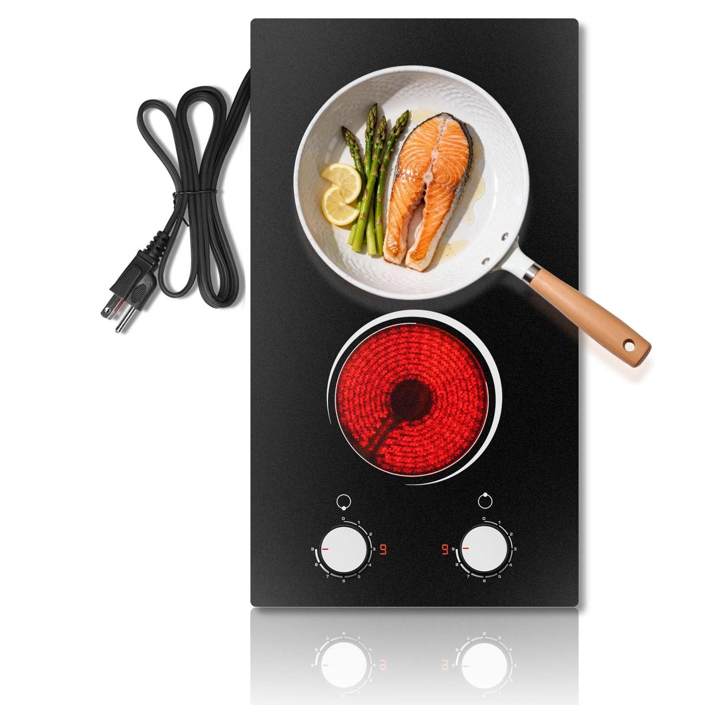 Electric Cooktop 2 Burner, 110V Electric Stove Top 2000W with Knob Control, 12 Inch Electric Radiant Cooktop Countertop & Built-in, Residual Heat Indicator, Over-Heat Protection, Plug in