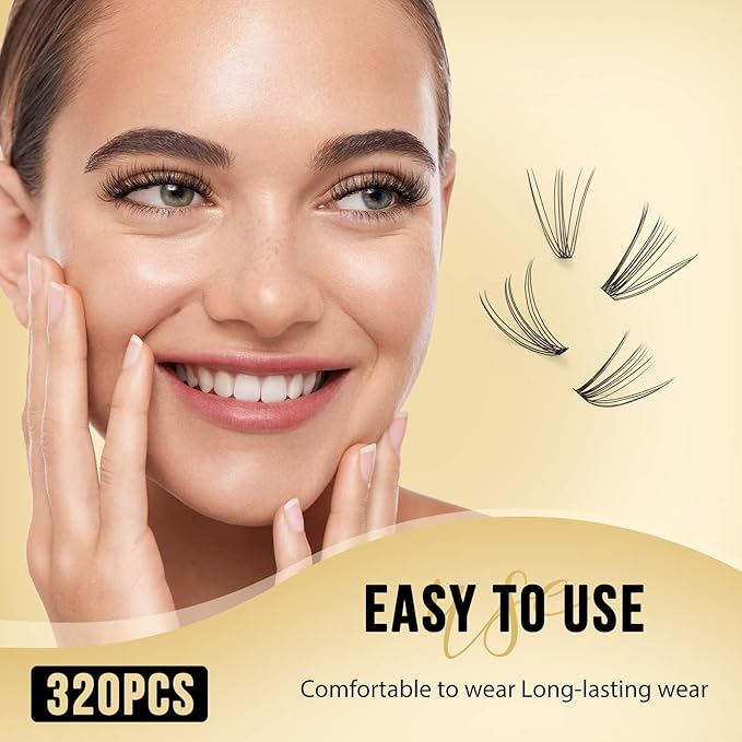 QUEWEL Lash Clusters 320Pcs Cluster Lashes 10D+20D C Curl Lash Cluster Eyelash Extensions Mix9-16mm Individual Eyelashes Clusters Wispy Lash Clusters Thin Band Soft to Use at Home(10D+20D C Mix9-16)
