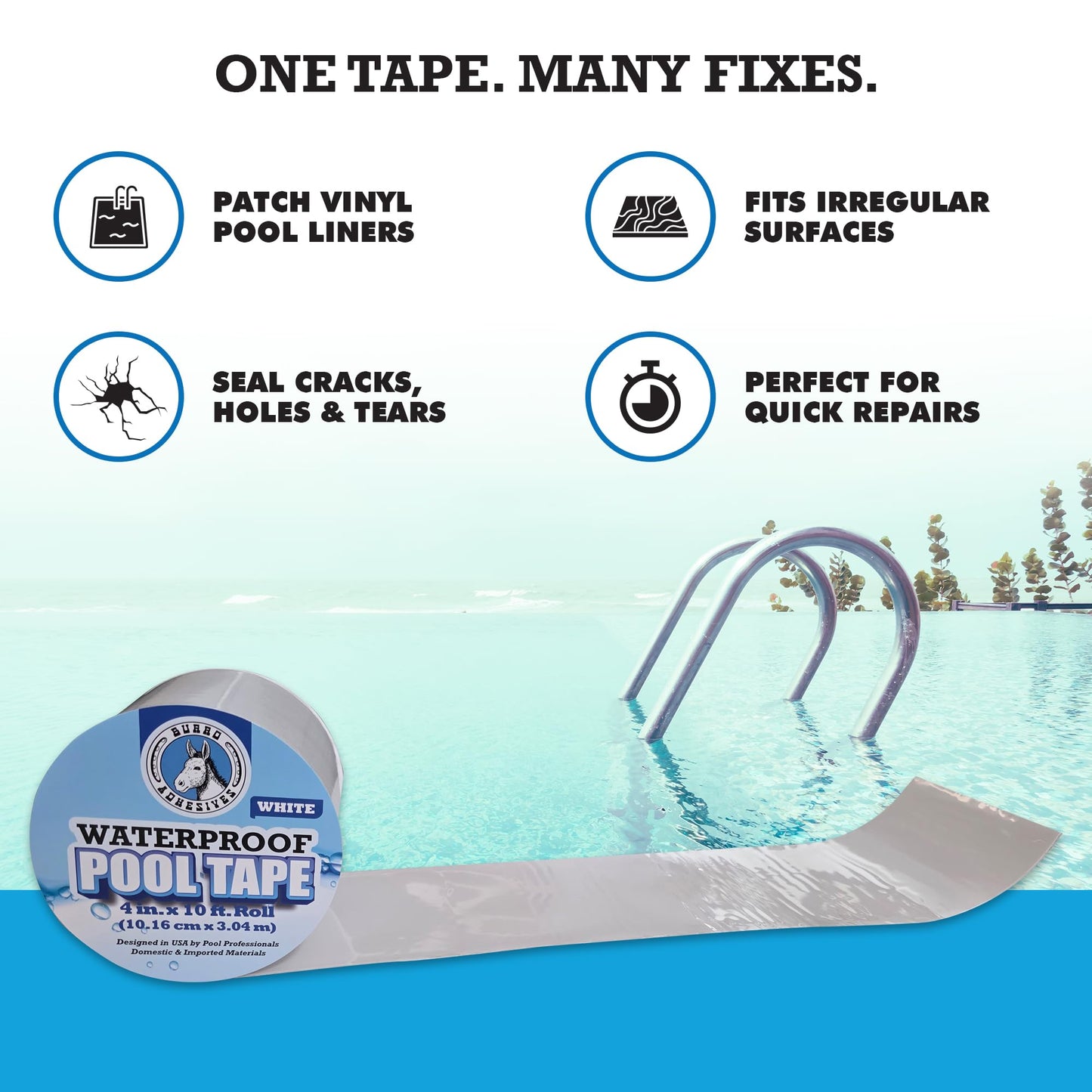 Burro Adhesives Waterproof White Pool Tape 4" x 10' - Heavy Duty PVC Vinyl Pool Repair for Underwater & Dry Applications, Commercial & Residential Pools, Instantly Seals Leaks