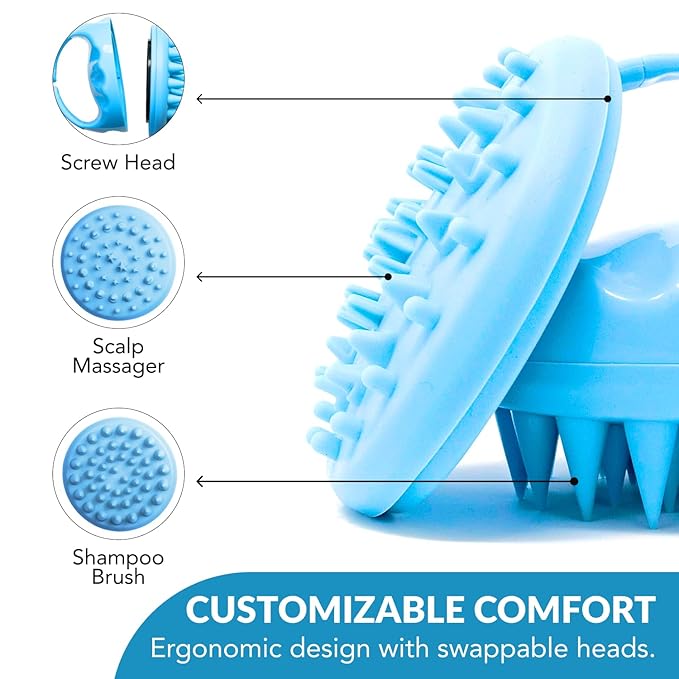Hair Scalp Massager and Shampoo Brush for Shower Dandruff Removal - Wet and Dry - Encourages Growth - Includes 2 Massage Removal Heads