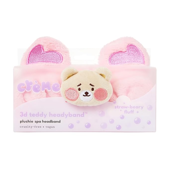 The Crème Shop Boba Bears 3D Teddy Headband - Spa Headband for Skincare, Face Masks, Washing Face, Makeup and Bathing - Soft, Gentle Material for All Skin Types (Straw-Berry Fluff)