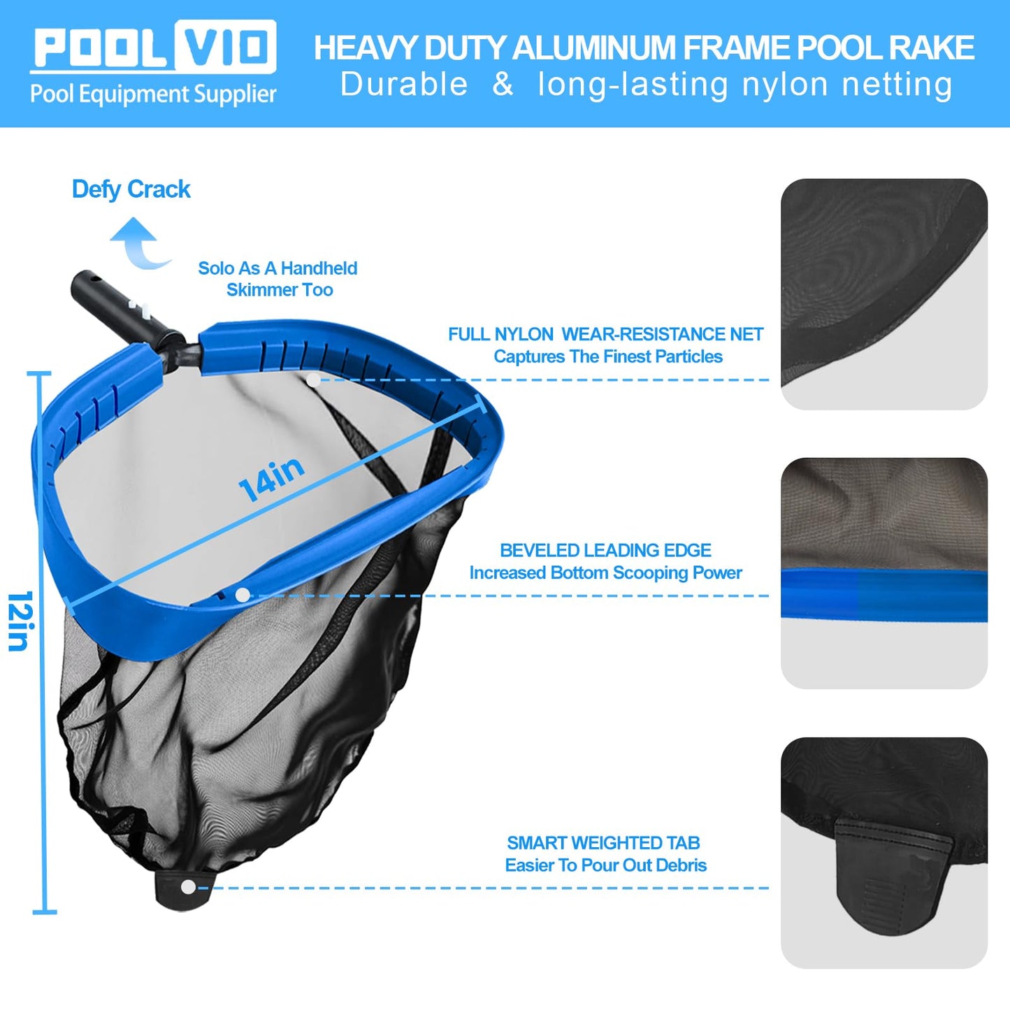 Poolvio Pool Cleaning Kit with Spa Jet Vacuum Cleaner, 8-Foot Pole, Leaf Rake Net & Round Brush for Inflatable and Above-Ground Pools