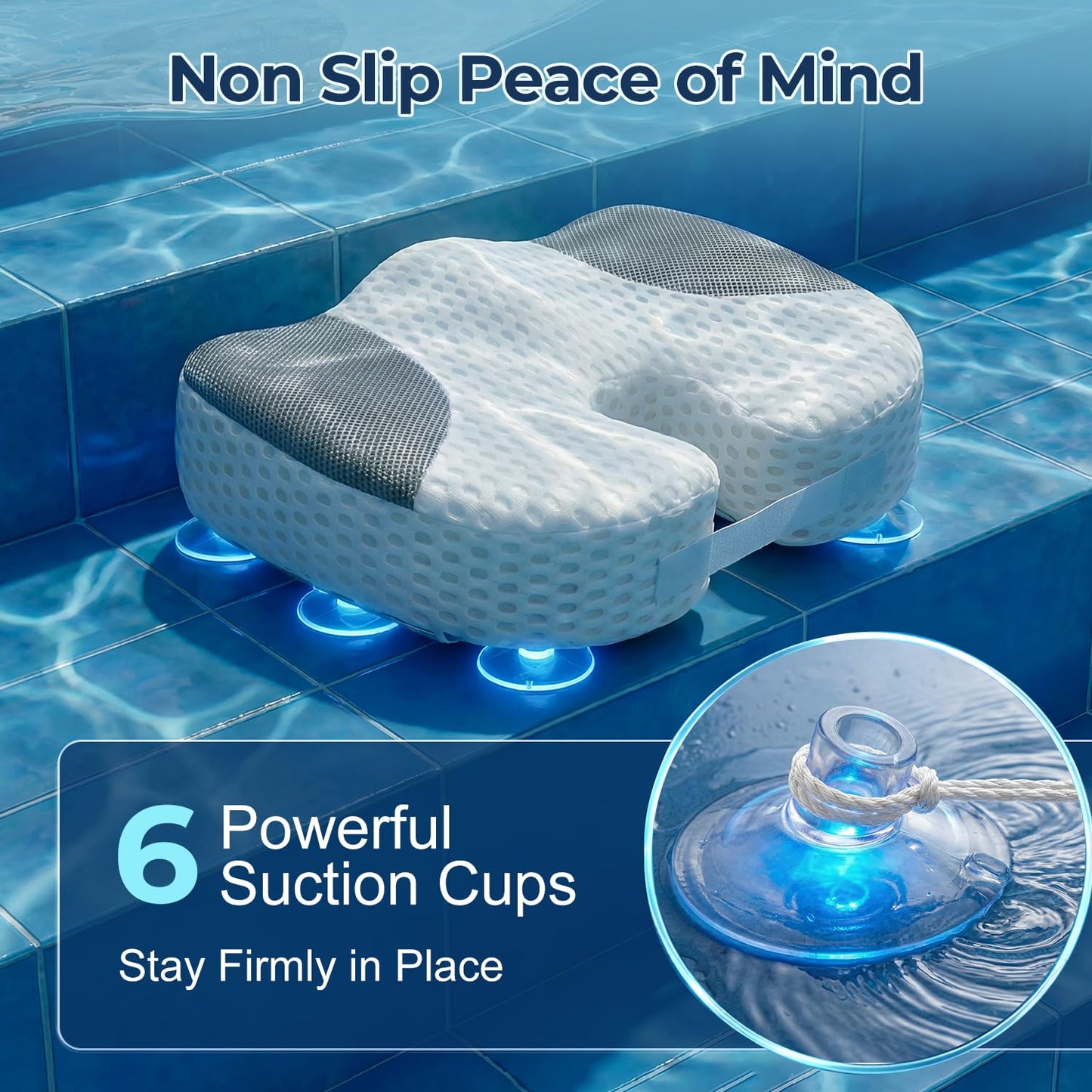 Idle Hippo Hot Tub Booster Seat, 4D Air Mesh Hot Tub Pillow with 6 Powerful Non-Slip Suction Cups, Ergonomic Booster Cushion, Quick Dry Spa Pillow Hot Tub Accessories for Adults Indoor Outdoor-White