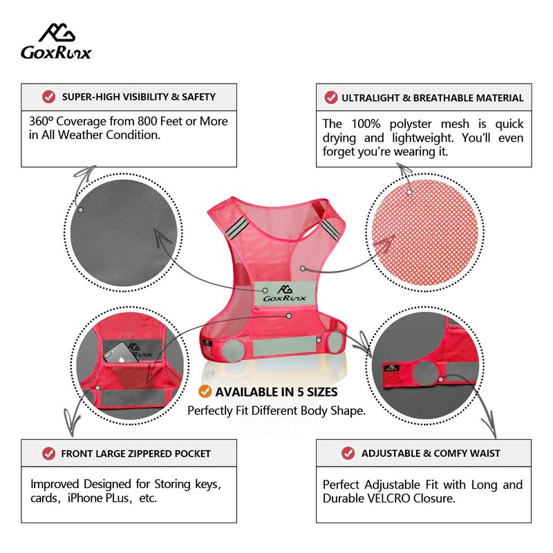 Reflective Vest Running Gear, Lightweight Motorcycle Cycling Reflective Vests with Large Pocket & Adjustable Waist for Women Men Running Safety Vest with Reflective Bands (Pink, Small)