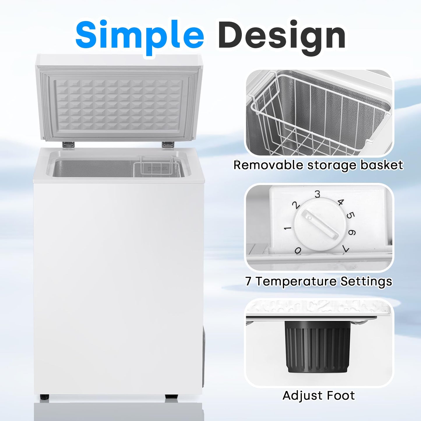 DOGHLY 3.5 Cu.Ft Chest Freezer, Small Deep Freezer with 7 Adjustable Temperature Levels, Mini Freezer for Office Garage Apartment, Compact Food Storage Small Freezer Chest, White