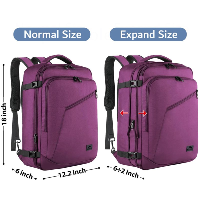 MATEIN Carry on Backpack for Women, 27L Flight Approved Backpack for Teacher Nurse, Fashion Expandable Airline Daypack for Plane, Lightweight Hiking Weekend Back Pack, Traveler Gifts, Purple