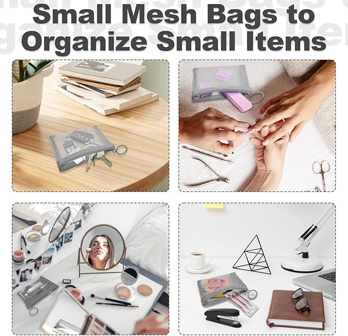 Mini Mesh Pouches (4 Pack), Small Mesh Bags with Zipper Nylon Makeup Pouches Bag Cosmetic Pouch Travel Purse Organizer Insert Diaper Inside Bag Organizers Home Organizing Size See Through Cute Gray