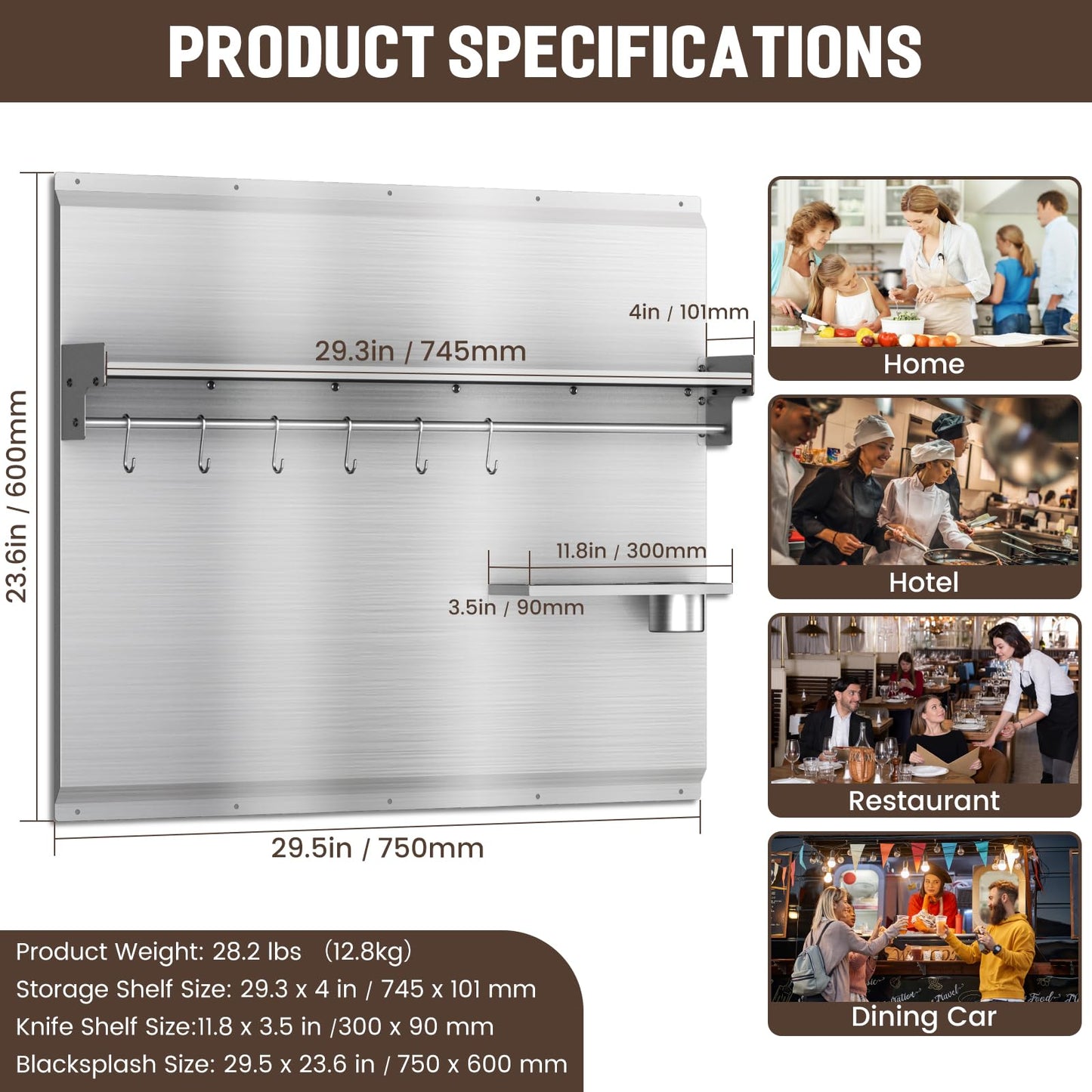 VENFAN 30x24 Inch Stainless Steel Stove Backsplash with Shelf, 6 Hooks & Knife Stand - Rust-Proof Kitchen Wall Protector Stainless Steel - Easy No-Drill Installation