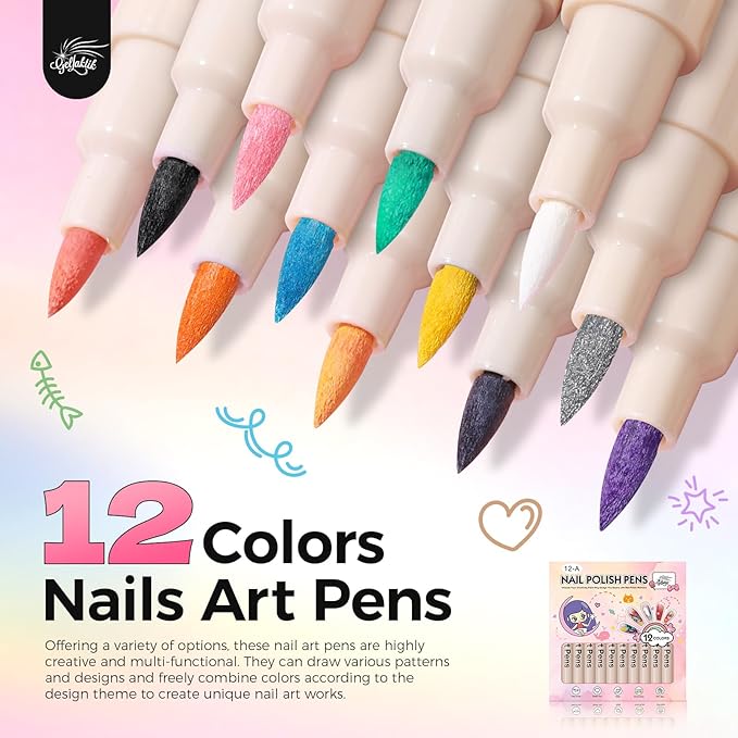12 Colors Nail Art Pens Set, 3D Nail Polish Pens Quick-Drying Acrylic Paint Markers, Dotting Liner Brush for DIY Nail Design, Home & Salon Manicure Tools