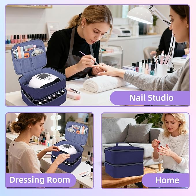 Nail Polish Organizer Holds 30 Bottles (15ml - 0.5 fl.oz) Double-layer Gel Nail Polish Kit Case, Nail Holder for Nail Lamp, Portable Nail Organizer and Storage for Nail Supplies (Blue)
