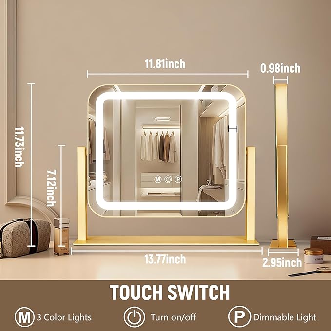 Gold Vanity Mirror with Lights 14"×12", Led Makeup Mirror, Lighted Makeup Mirror with 3 Color Dimmable Lights, Smart Touch Screen Control, 360°Rotation