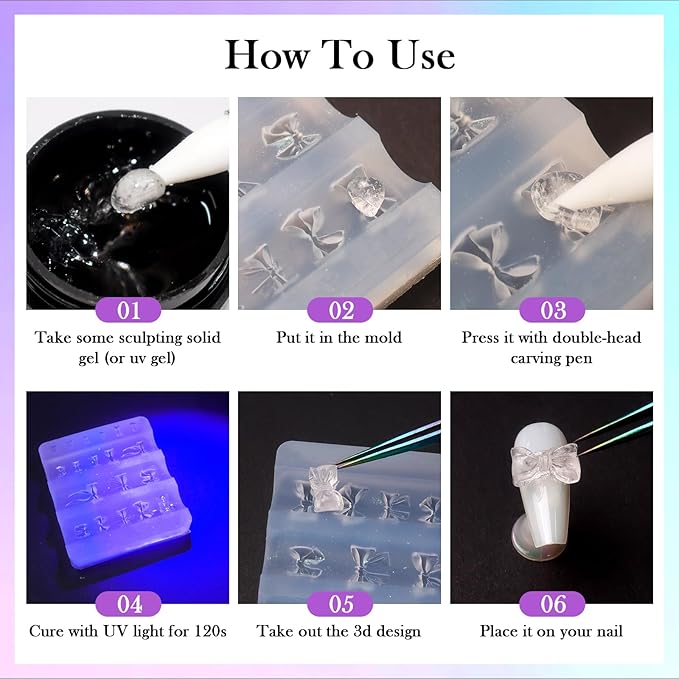 Laza 4pcs Bowknot Silicone Nail Art Molds, 3D Multiple Shapes Ribbon Lace Bows Charms Silicone Nail Accessories with Carving Pen Resin Nail Art Mold Manicure Tools for Women DIY Manicure Design