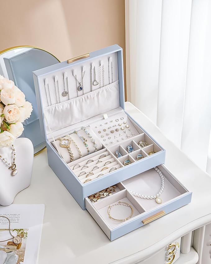 Lolalet 2-Layer Jewelry Box Organizer for Women Girls, Jewelry Storage Case Holder with Drawers for Necklaces Ring Earrings Bracelet Watch, Gifts for Galentines Valentines Girlfriend Wife -Blue