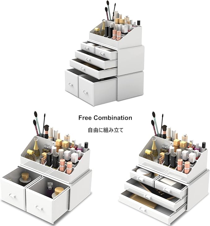 READAEER Makeup Organizer 3 Pieces Cosmetic Storage Case with 6 Drawers (White)