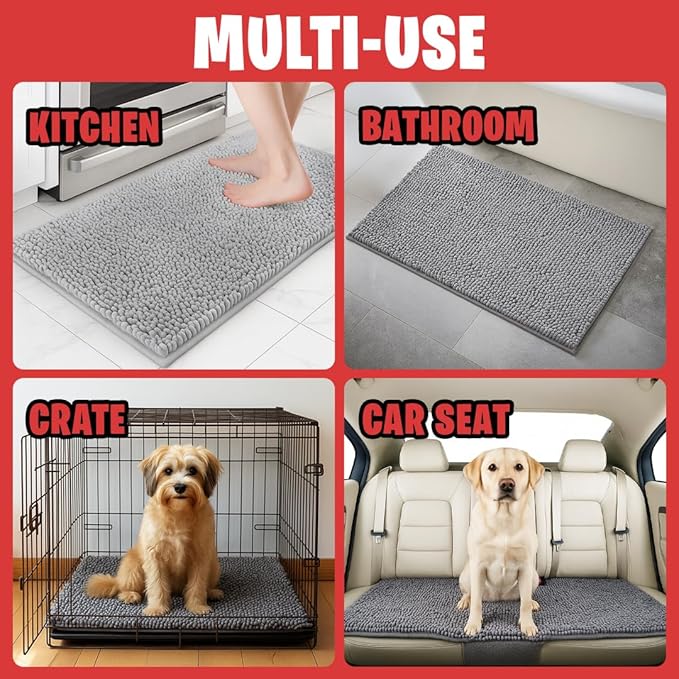 MudGuard Mat™ Dog Door Mat for Muddy Paws, Super Absorbent Microfiber, Non-Slip Indoor Mat, Quick Dry Chenille Mud Mat for Dogs & Entryway, Washable, Grey 16" x 24"