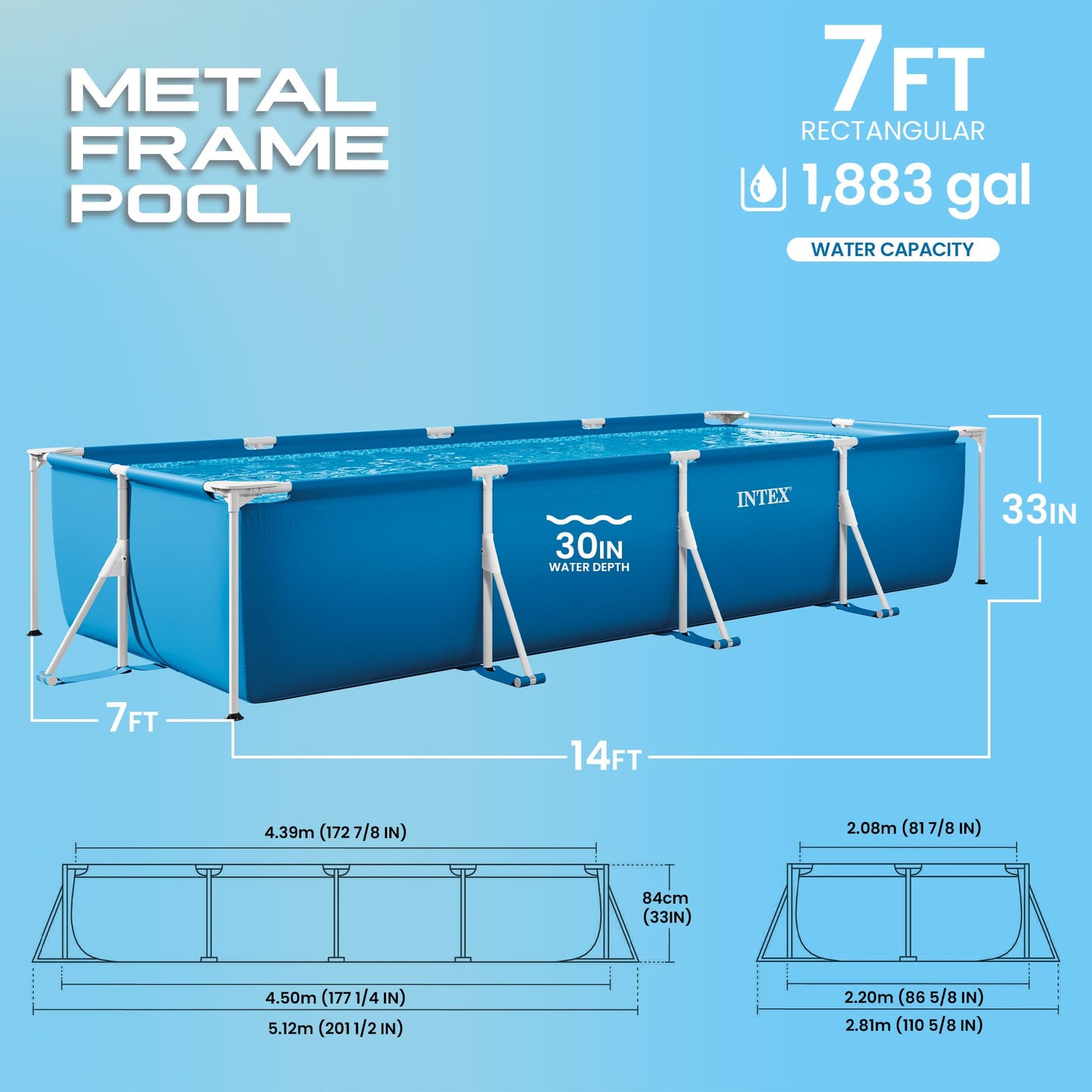 INTEX Rectangular Frame 14 ft 9 in x 7 ft 3 in x 33 in Above Ground Pool, Swimming Pool with Steel Frame and 530 GPH Cartridge Filter Pump