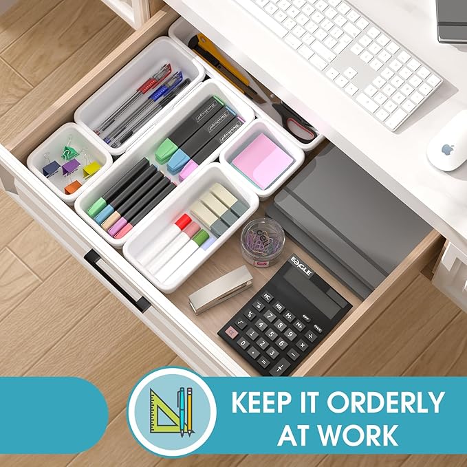 6 PCS Drawer Organizer Set, 3 Size Makeup Drawer Divider Organizer With Non-Slip Pads, Interlocking Plastic Storage Bins for Office,Jewelry Vanity,Gadgets, Bathroom,Kitchen, White