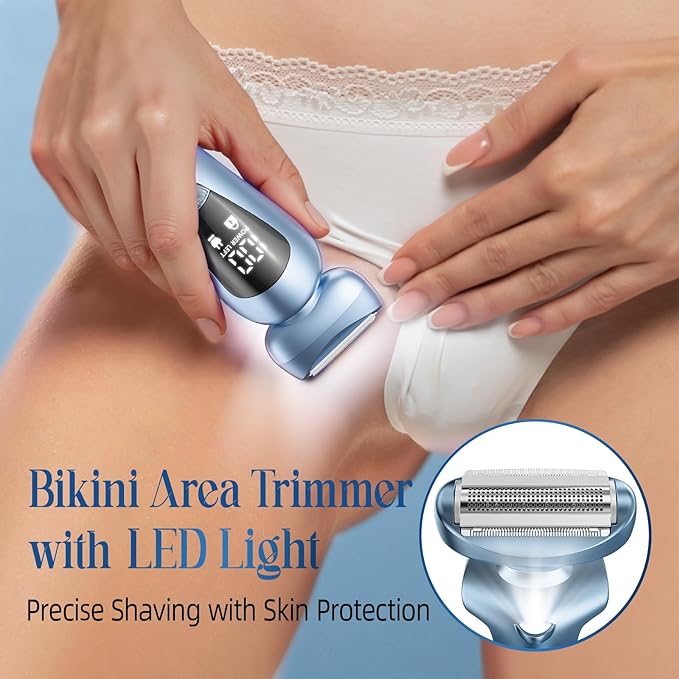 rategist Cordless Electric Razors for Women: Rechargeable Painless Bikini Trimmer for Body Hair - IPX7 Waterproof Shaver with LED Display for Face/Underarm/Leg Deep Blue