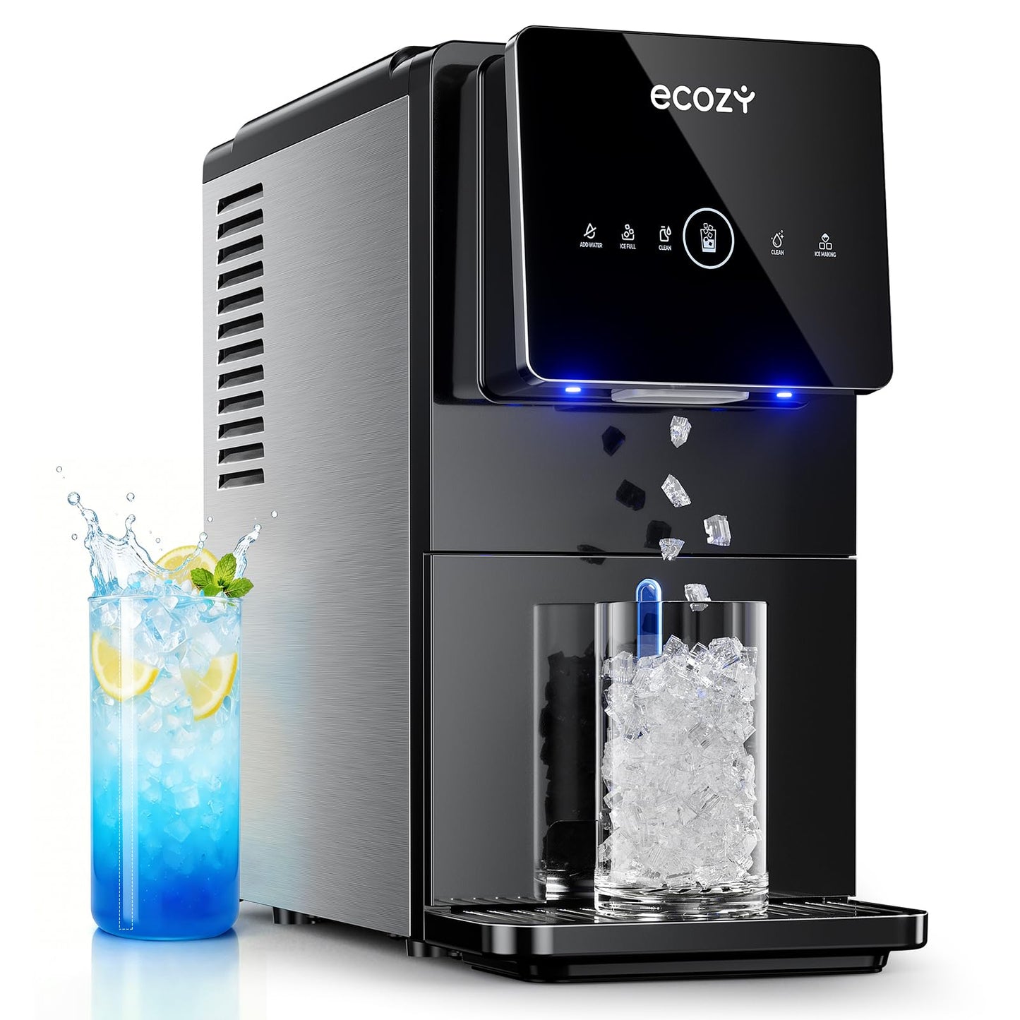 ecozy Nugget Ice Makers Dispenser 40 lbs Per Day Pebble Sonic Ice Machine Countertop, Touch-Free Ice, Self-Cleaning, Mistalo Drop Slim for Home Kitchen Office