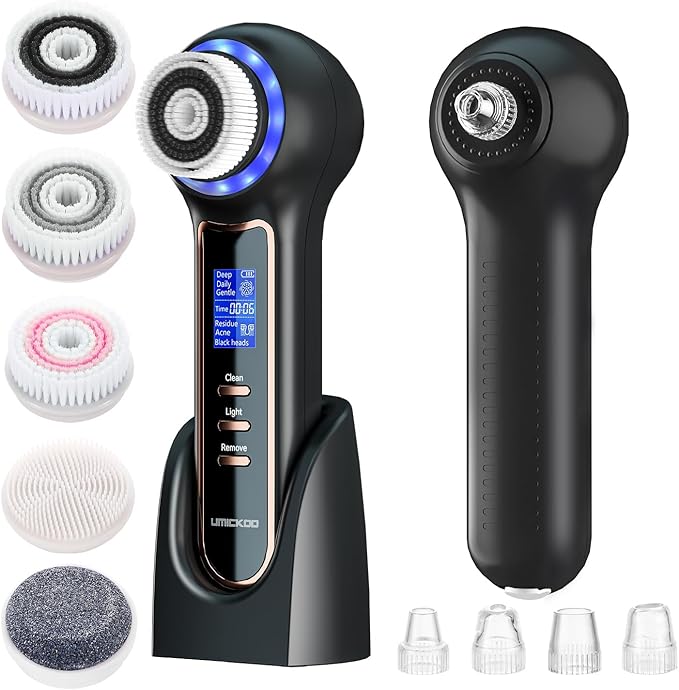 UMICKOO Electric Facial Cleansing Brush with LCD Screen, 3-in-1 Face Scrubber & Optional Blackhead Remover, Rechargeable, IPX7 Waterproof, Gentle Daily & Deep Cleaning for All Skin Types