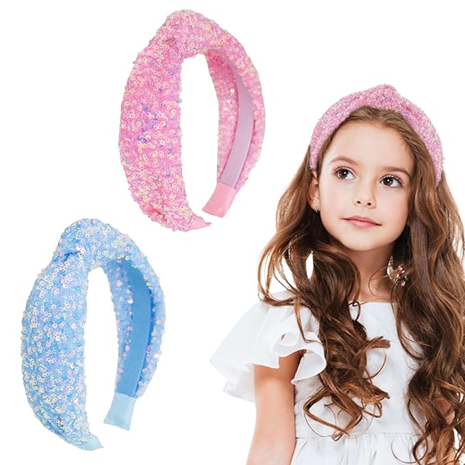 Knotted Headbands for Girls, Non Slip Girl Headband Wide Top Knot Head Bands Mommy and Me Fashion Hairband Womens Turban Hair Accessories(Glitter Blue & Glitter Pink,2Pcs)