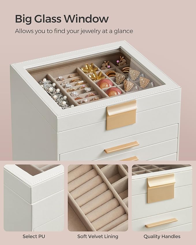 SONGMICS GISELLA Collection - Jewelry Box Organizer, 6-Layer Jewelry Storage with 5 Drawers, Shiny Metal Hardware, Glass Lid, Modern, 8 x 9.1 x 9 Inches, Cloud White and Gold Color UJBC176W01