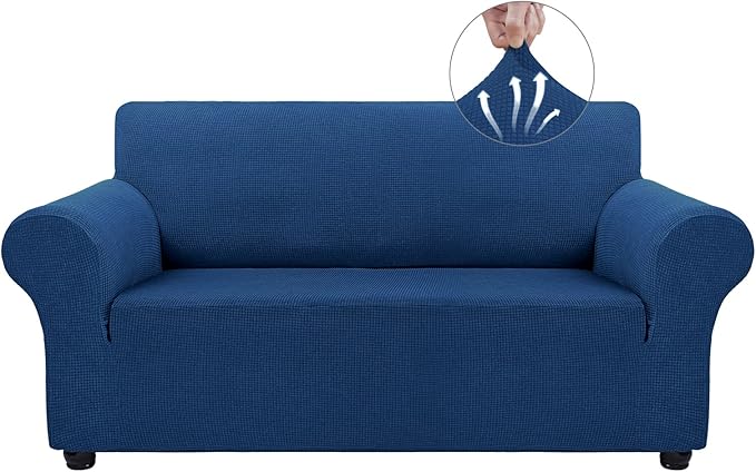 Asnomy Sofa Covers for 2 Cushion Couch Stretch loveseat Covers Slipcovers, Pet Protector Furniture Covers for Dogs Cats Spandex Jacquard Fabric Small Checks （Medium，Classic Blue）