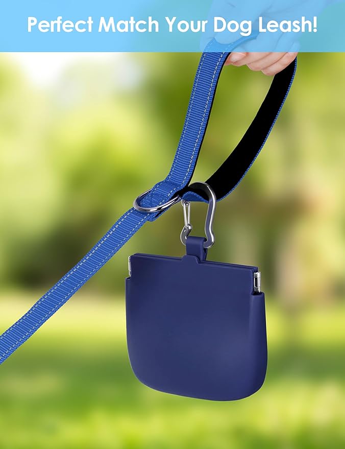 RBibei【One-Hand Access Silicone Dog Treat Pouch, Small Pocket Sized Training Pouch with Pull Tab & Auto Closing Lid for Easy Pet Training & Walking (Blue)
