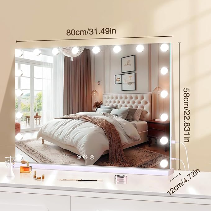 Vanity Mirror with Lights, Large Makeup Mirror with LED Lights, Smart Touch Dimmable 3-Color Light, Memory Function, USB Charging Port