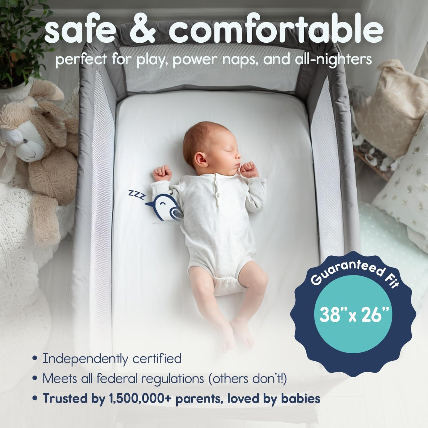 Hiccapop Playard Mattress Pad (38"x26"x1.25"), Playpen Pad, Portable Crib Mattress with Carry Bag, 1.25" Thick