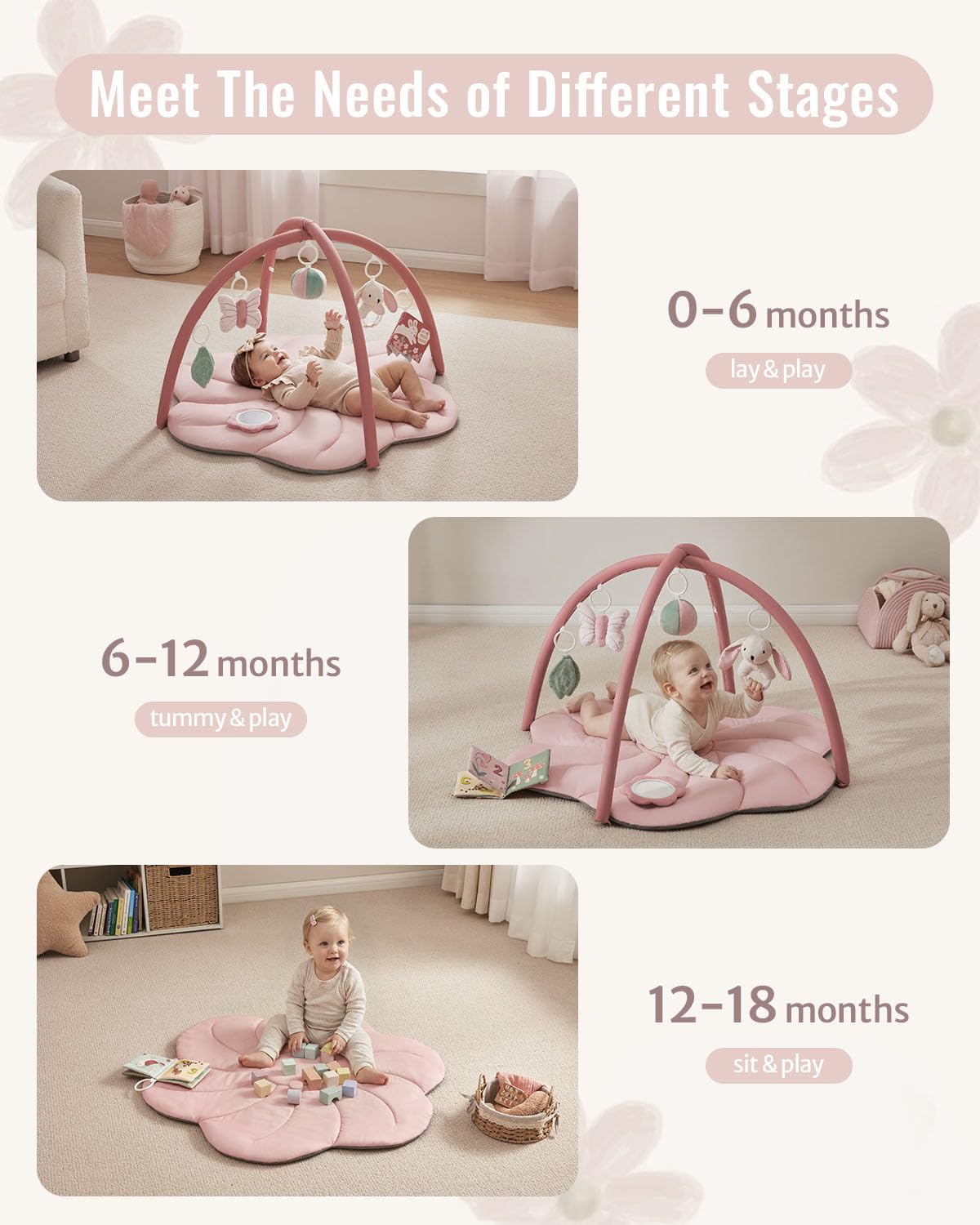 Blissful Diary Baby Play Gym Mat, Tummy Time with 6 Detachable Toys for Sensory & Motor Skill Development, Baby Activity Mat for Girl Boy Newborn Essentials Shower Gift, Pink Floral