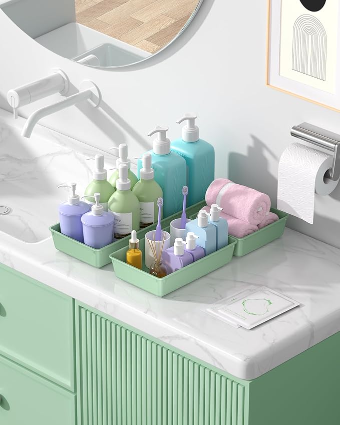 10 Pack Large Size Plastic Drawer Organizers Set, 3 Sizes Desk Drawer Organizer Trays, Storage Bins for Vanity, Makeup, Bathroom, Kitchen Utensils and Office (Green)