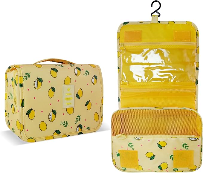 Large Capacity Toiletry Bag Travel Bag with Hanging Hook for Men and Women Waterproof Travel Cosmetic Bag Bathroom Storage Bag for Brushes Set,Full-Sized Shampoo,Accessories -Yellow Lemon