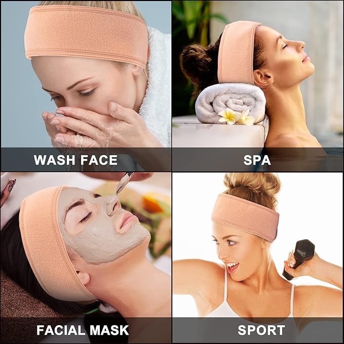 Whaline Spa Facial Headband 4 Packs Head Wrap Terry Cloth Headband Adjustable Stretch Towel for Bath, Makeup and Sport (Living Coral)