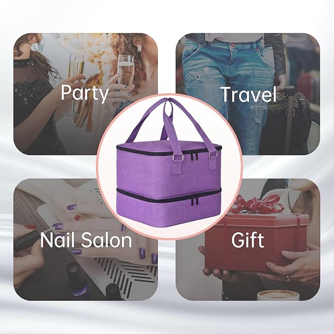 Nail Polish Organizer Case - Holds 42+ Bottles (15ml/0.5 fl.oz) and 1 Nail Lamp, Upgraded Double-layer Nail Polish Carrying Case Nail Polish Storage Bag with Handles (Purple)