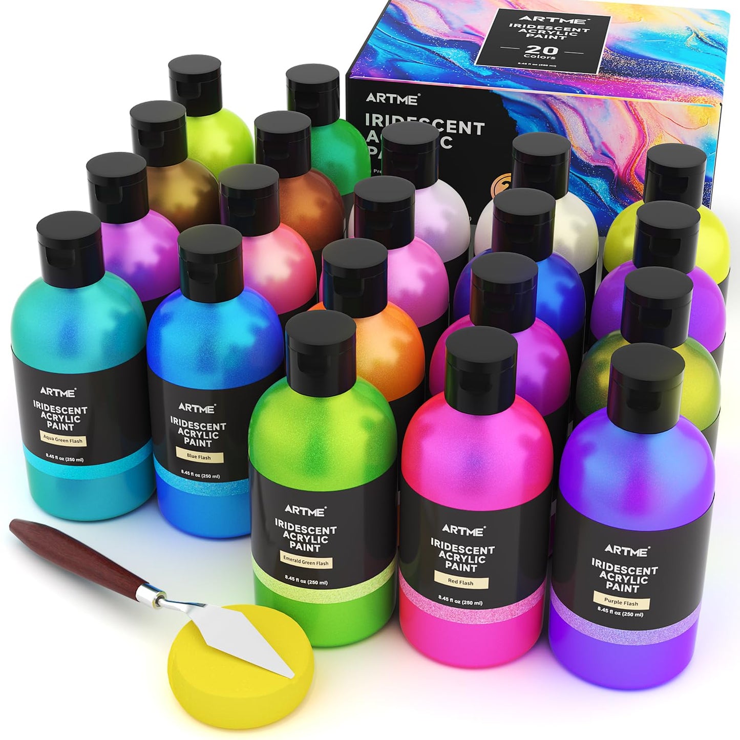 ARTME Iridescent Acrylic Paint Set, 20 Chameleon Colors in 8.45 oz/250ml Bottles, Large Bulk Color-shifting Acrylic Paint Perfect for Artists, Beginners on Canvas, Rocks, Wood, Fabric with Paint Knife