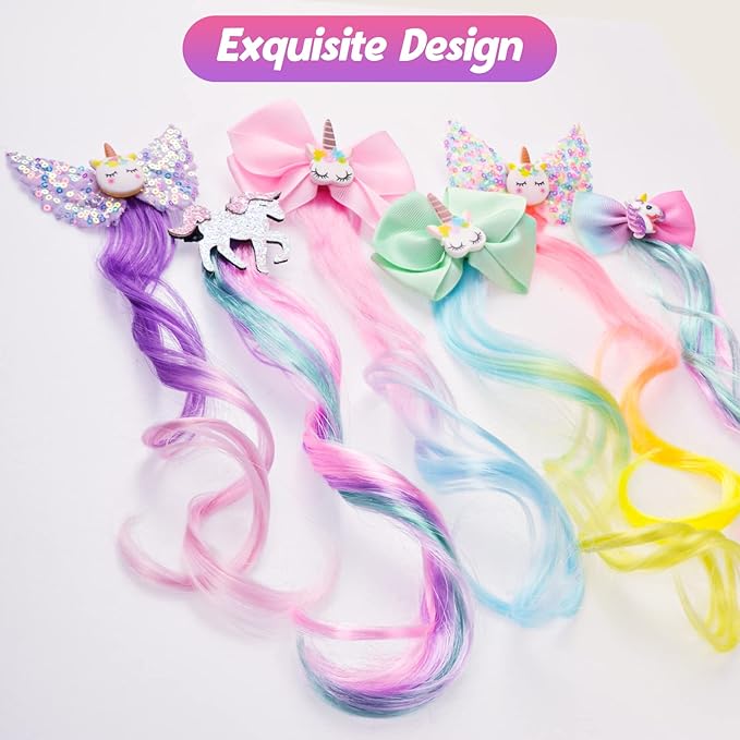 Little World Hair Clips for Girls - 6 Pcs Curly Clip in Hair Extensions with Cute Unicorn Bow - 13in Gradient Color Hair Clips for Girls Clip On for Toddler Kids Girls Ponytails Accessories