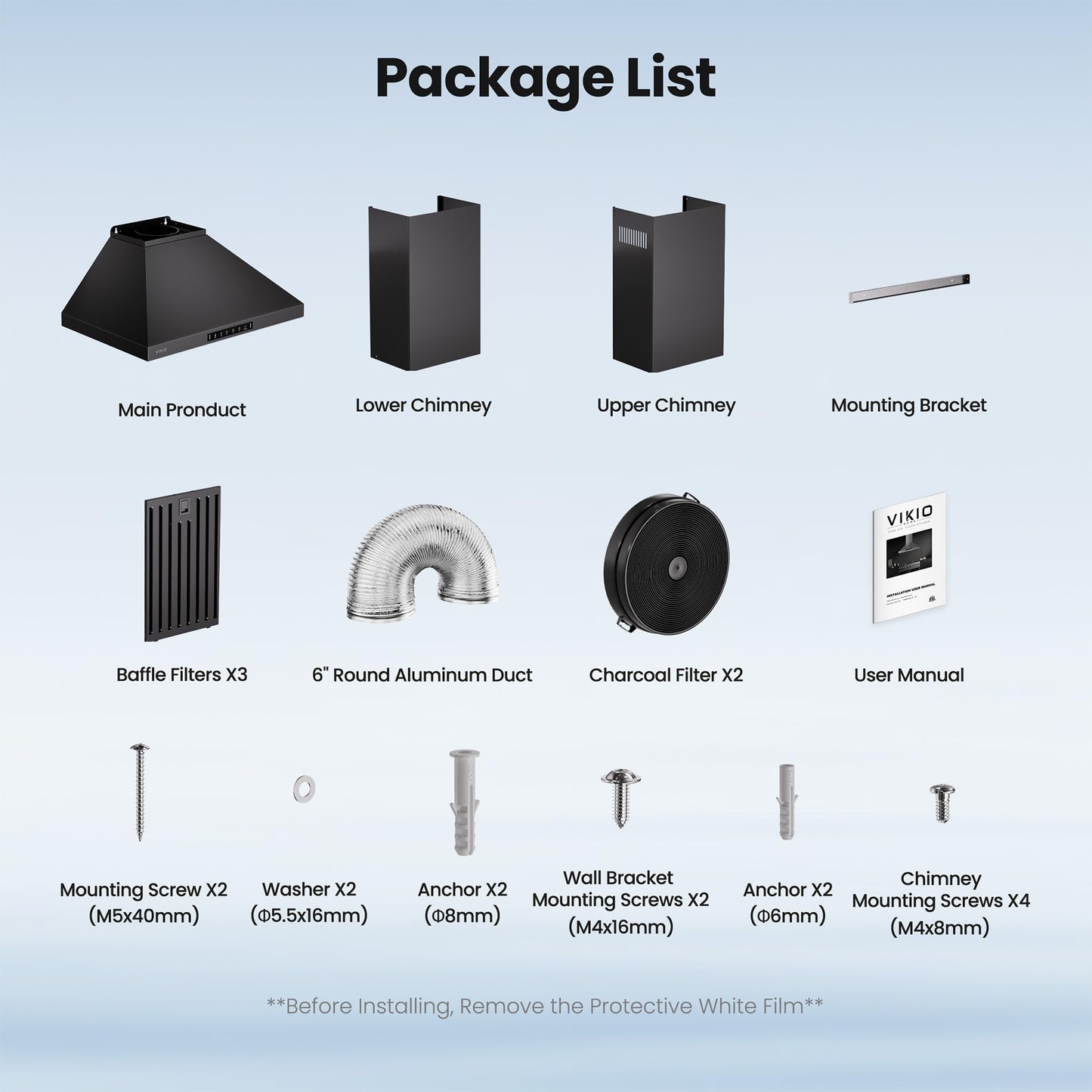 VIKIO HOME Wall Mount 36 Inch Range Hood 900 CFM, Ductless/Ducted Convertible, 3-speed Gesture Sensing & Touch Control, Black Painted Stainless Steel Vent Kitchen Hood with Permanent Baffle Filters