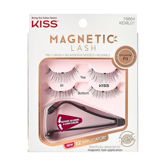 KISS Magnetic Lash 01, Synthetic False Eyelashes with Magnets Under and Over Your Upper Lashes, No Glue Needed, Lightweight, Reusable, Contact Lens Friendly, Cruelty Free, with Lash Applicator, 1 Pair