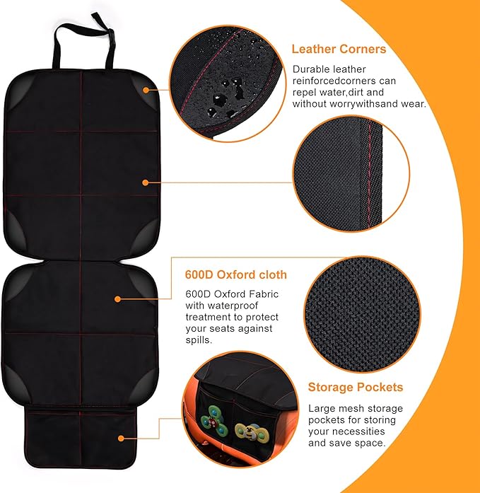 SMART ELF Car Seat Protector, Large Auto Protector for Child Seats with Thickest Padding and Non-Slip Backing Mesh Pockets for SUV, Sedan, Truck, Leather and Fabric - Black