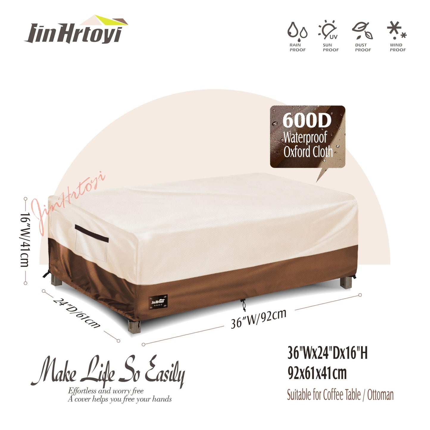 JinHrtoyi Patio Coffee Table Cover,36Wx24Dx16H Inches 100% Waterproof Heavy Duty Outdoor Rectangular Side Table Cover,Beige&Brown Modern Style Outdoor Furniture Covers