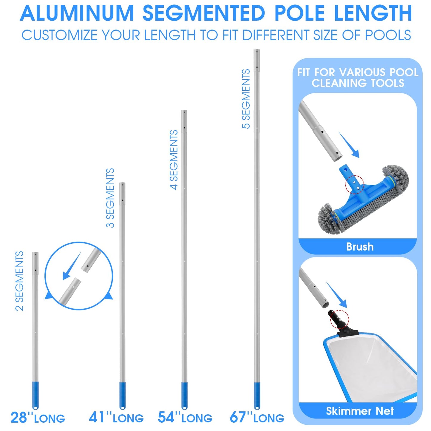 TidyMister 3PCS Cleaning Kit - 12.5'' Brush With Round End & 11'' Skimmer Net Fine Mesh & 5.7 Feet Thick Aluminum Pole 5-Segment, for Above Ground & Inground Pools Ponds