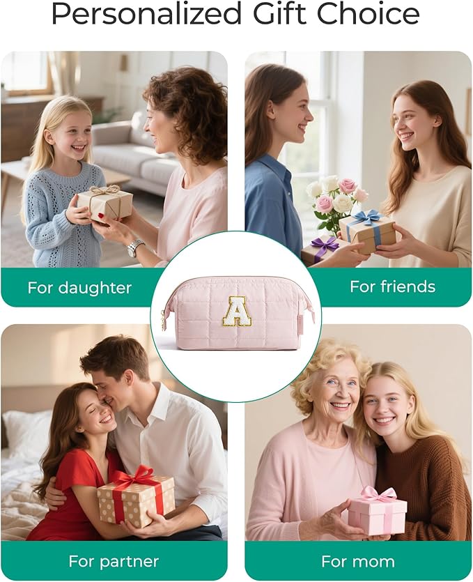 BAGSMART Birthday Gifts Personalized Initial Makeup Bag, Trendy Stuff Gifts for Women Bridesmaid Graduation, Puffy Padded Make Up Bags for Women, Wide-open Toiletry Bag, Pink K